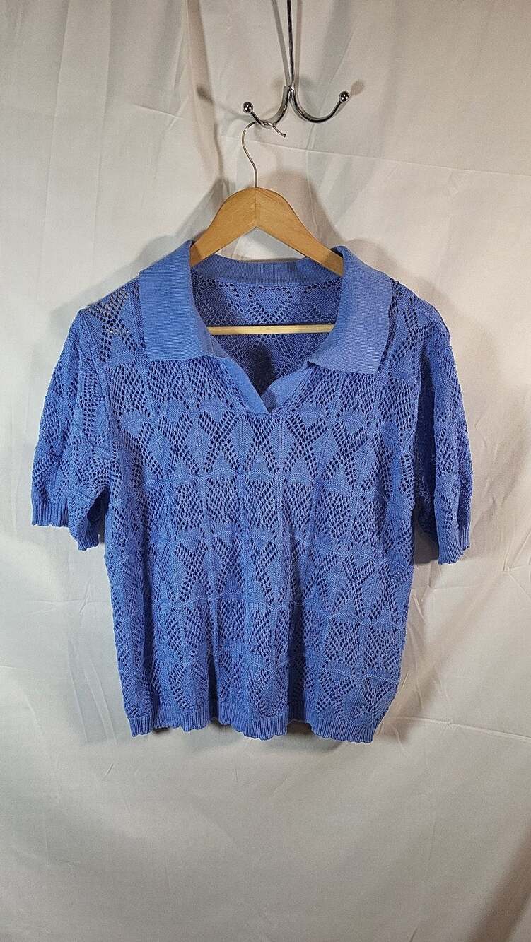 Grandmacore Blue Cova Crochet Polo Sweater